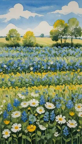 daffodil field,flower field,flowers field,field of flowers,blooming field,flower meadow,Illustration,Paper based,Paper Based 22