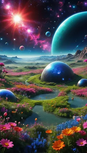 cosmos field,alien planet,alien world,fantasy landscape,futuristic landscape,mushroom landscape,fantasy picture,planets,fairy galaxy,cosmos,planet alien sky,3d fantasy,planet eart,astronomy,dream world,flowers celestial,space art,extraterrestrial life,landscape background,cosmic flower,Conceptual Art,Sci-Fi,Sci-Fi 30