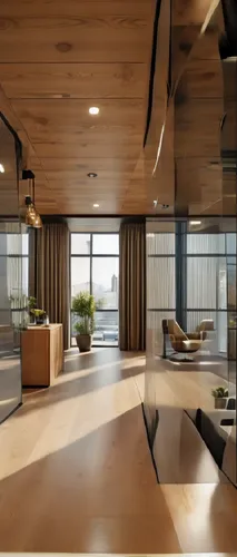 girl entering the office,a room with large windows, and large wooden floors,modern office,oticon,daylighting,offices,interior modern design,penthouses