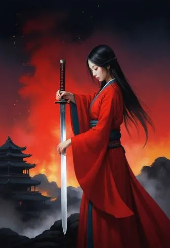 a beautiful woman spreading black long hair and pearl skin in red ancient traditional dress , her eyes look down to something , grabbing a samurai long sword spreading hot steam from it , we can see t