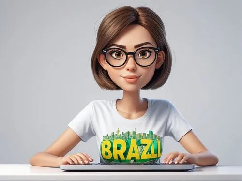 "BRAZIL" typography, funny tshirt theme of a cartoon character of a woman with eyeglasses coding on her laptop, white background, anime,brazilianwoman,brazil brl,brasileira,brazil nuts,brasil,brazilia