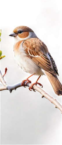 Small bird, sparrow, solo, perched, green branch, bright brown eyes, tiny beak, soft feathers, gray head, white belly, spread wings, morning sunlight, shallow depth of field, 3/4 composition, warm col