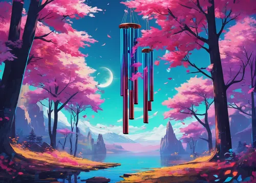 Create a peaceful setting where the melodic foof of wind chimes brings harmony to the surroundings.,torii,scroll wallpaper,fallen colorful,pillar,fantasy landscape,japanese sakura background,4k wallpa