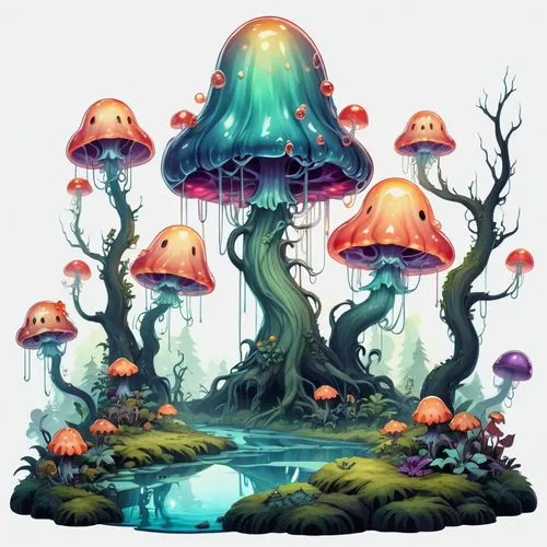 mushroom landscape,mushroom island,tree mushroom,fairy forest,mushrooms,fairy village,Illustration,Abstract Fantasy,Abstract Fantasy 11