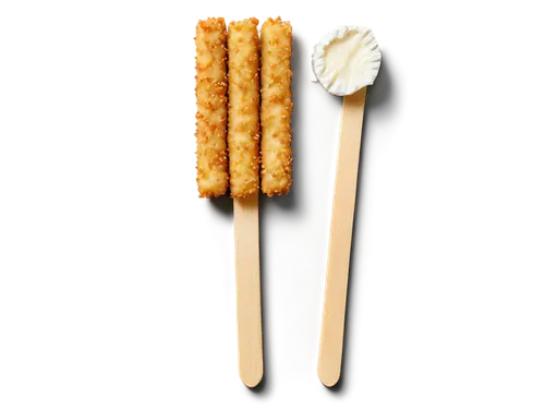 Crunchy mozzarella sticks, golden brown crispy exterior, melted white cheese interior, wooden stick handle, solo, close-up, shallow depth of field, warm color tone, soft lighting, appetizing compositi