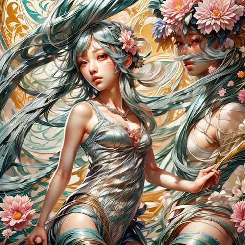 mermaid background,chinese art,amano,hatsune miku,flora,flower fairy,girl in flowers,vintage fairies,jasmine blossom,japanese floral background,mermaid vectors,japanese art,oriental princess,floral japanese,fantasy art,falling flowers,wreath of flowers,oriental painting,oriental girl,floral background