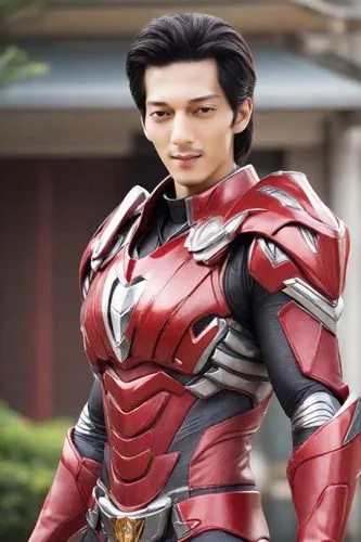 power rangers merah, background taman kota, rambut panjang di ikat, , lagi memegang helmet, sangat tampan,a man dressed in red and silver standing next to a building,ryuki,kuuga,iskandar,toku,zodiarts