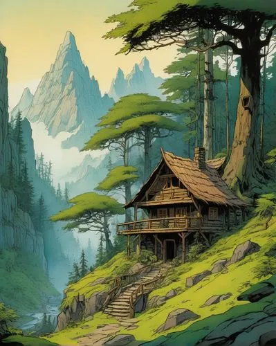 Game Scene Design, wild Angle View,house in mountains,house in the forest,log home,house in the mountains,forest house,teahouse,mountain settlement,mountain huts,wooden hut,the cabin in the mountains,