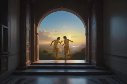 two people that are standing in a doorway,romantic scene,the threshold of the house,adam and eve,doorway,fantasy picture,elopement