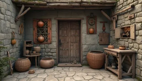 medieval street,wooden door,rusticity,ancient house,stone oven,traditional house,greek island door,nook,rustic,apothecary,tavern,garden door,rustic aesthetic,doorway,house entrance,pottery,entryway,old door,the threshold of the house,korean folk village,Photography,General,Realistic