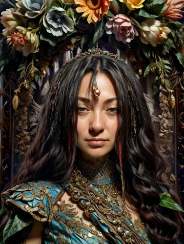 fantasy portrait,girl in a wreath,warrior woman,polynesian girl,kahila garland-lily,moana,artemisia,jaya,yogananda,mystical portrait of a girl,persian,bjork,eurasian,laurel wreath,wreath of flowers,the enchantress,shaman,polynesian,girl in flowers,pachamama