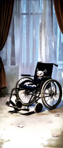 Spooky horror scene, dark abandoned asylum, dimly lit, eerie atmosphere, creepy sounds, broken wheelchairs, old hospital equipment, torn curtains, shattered windows, spider webs, creepy dolls, ghostly