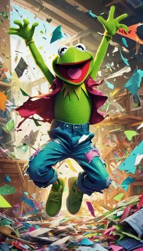 Kermit, Muppet character, green skin, wild eyes, crazy hairstyle, colorful clothes, ripped pants, oversized shoes, energetic pose, jumping in mid-air, chaotic background, messy room, broken objects, s