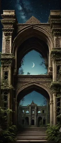 Ancient Gemini architecture, twin towers, symmetrical design, intricately carved stone walls, grandiose entrance, ornate decorations, mystical aura, moonlit night, starry sky, warm golden lighting, su