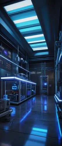 Substance Designer, futuristic laboratory, high-tech equipment, sleek metal tables, futuristic machines, glowing blue screens, neon lights, sci-fi atmosphere, minimalist decorations, clean lines, mode