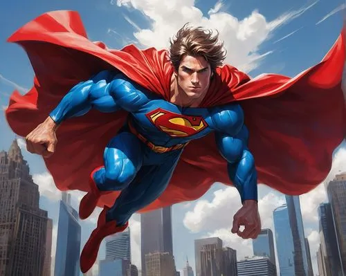 Aero kinesis superhero, flying pose, wind-swept hair, piercing blue eyes, athletic build, muscular arms, chest emblem, red and blue costume, flowing cape, cityscape background, skyscrapers, sunny day,