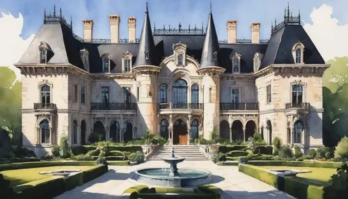 19th century European-style mansion, grandiose, luxurious, intricately carved stone walls, ornate iron gates, sprawling gardens, fountain, statues, lanterns, tall windows, balconies, turrets, Gothic a