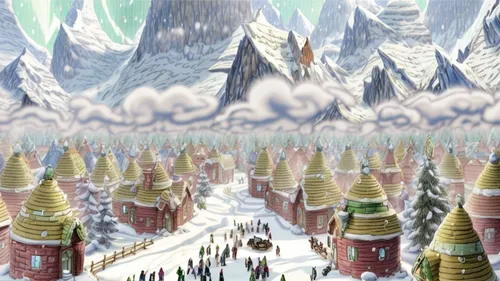 northrend,ice castle,elves flight,winter village,aurora village,winter festival,snow scene,fantasy city,gnome ice skating,hamelin,cartoon video game background,moc chau hill,the pied piper of hamelin,north pole,gongga snow mountain,infinite snow,ice planet,fantasy world,background image,escher village