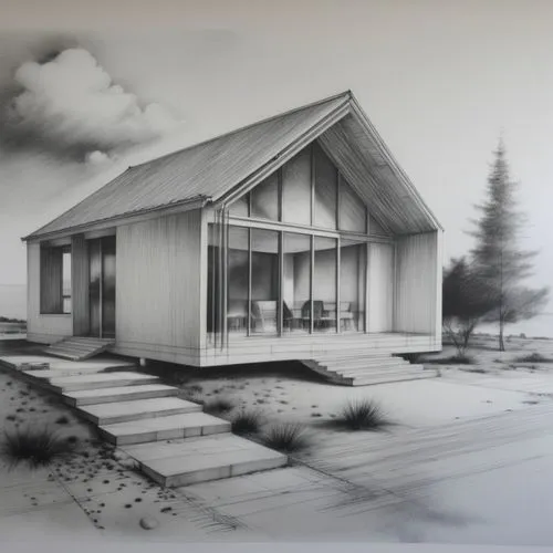 This black-and-white architectural drawing, created with wet charcoal in a smudged sketch style, showcases a dramatic sky filled with clouds, ,a drawing of a house that is not very modern,sketchup,hou