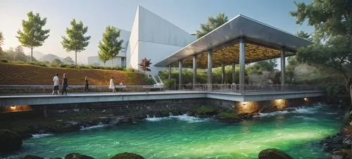 futuristic art museum,hydropower plant,aqua studio,landscape designers sydney,landscape design sydney,green trees with water