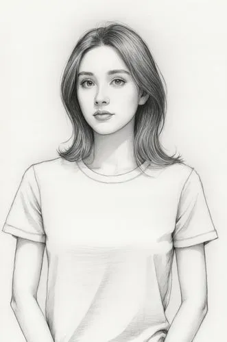 girl in t-shirt,girl drawing,girl in a long,girl sitting,girl on a white background,girl portrait,Illustration,Black and White,Black and White 13