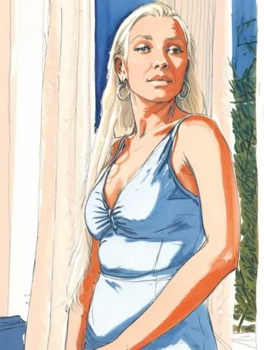 simple drawing of a woman with blonde hair in a dress near a window,a very pretty young lady in a blue dress,margaery,daenerys,margairaz,rotoscoped,lilandra,dany,Conceptual Art,Fantasy,Fantasy 07