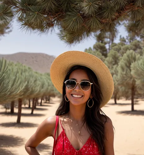 The Moroccan girl stands in a grove of sparse pine trees.  She wears a red Roman sandal, a short and floral light summer dress, sunglasses and a wide straw hat.  Spreads happiness and smiles around, a