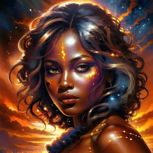 sexy beautiful black woman nude,a painting of a woman with fire and stars in her face,chandra,fantasy portrait,niobe,binti,andromeda,fantasy art,Illustration,Realistic Fantasy,Realistic Fantasy 25