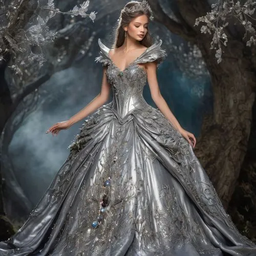 fairy queen,wedding gown,silver wedding,the snow queen,fantasy picture,cendrillon,Illustration,Realistic Fantasy,Realistic Fantasy 02