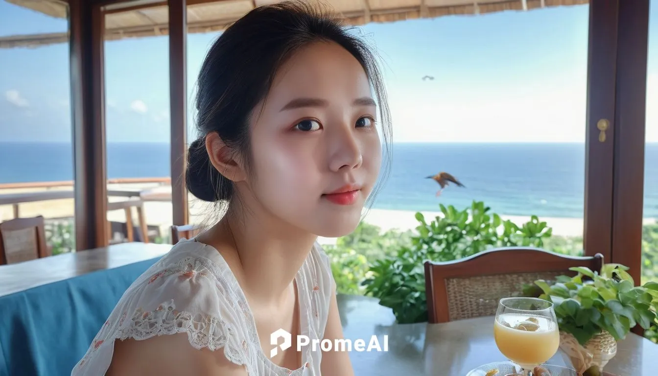 best qualtiy、细致背景、girl with、You can see the sea in the distance、Sitting in the dining room、a bird、delicated face,nha trang,hua hin,sanya,danang,phu quoc island,phuquy,phu quoc,nusa dua,da nang,bia hơi