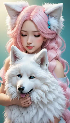 samoyed,pomeranian,japanese spitz,kitsune,girl with dog,american eskimo dog,pet,fantasy portrait,dog illustration,white cat,dog and cat,world digital painting,cute fox,companion dog,furta,digital painting,white dog,pink cat,fluffy diary,canine rose,Conceptual Art,Fantasy,Fantasy 03