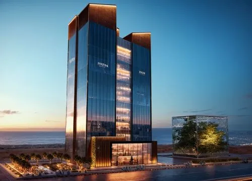 the front and rear of an architectural rendering of a skyscr at sunset,rotana,luanda,habtoor,umhlanga,hotel barcelona city and coast,lodha,Photography,General,Commercial