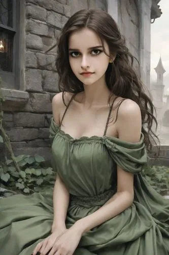 celtic woman,margairaz,saria,margaery,green dress,fairy tale character,celtic queen,belle,elphaba,noblewoman,duchesse,principessa,girl in a long dress,drusilla,fantasy woman,gothel,greensleeves,vampire woman,katherina,cassandra,Photography,Realistic