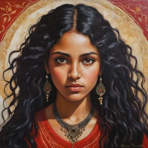 A portrait of a young woman with long black Woman with gypsy clothes, hazel brown eyes, calm and lost in the infinite long black hair, cute but not excessively beautiful face, Greek nose, mysterious p