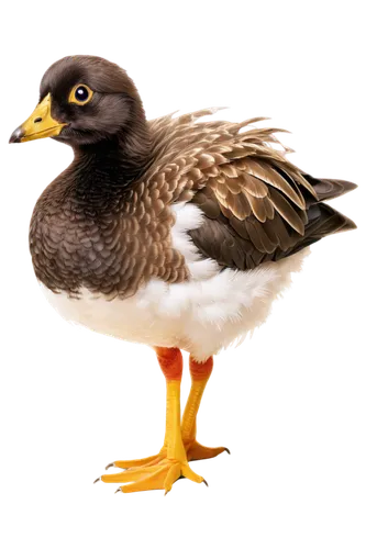 Yellow beak, webbed feet, fluffy feathers, white belly, brown back, cute eyes, happy expression, quacking mouth, standing posture, one leg lifted, cartoon style, vibrant colors, soft lighting, shallow