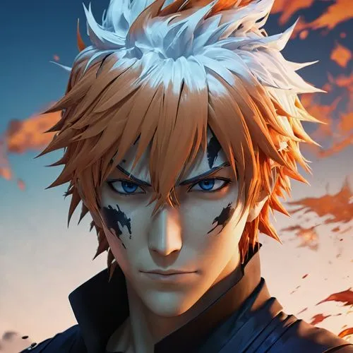 Generate a high-definition, premium AI image of a character resembling Ichigo Kurosaki from the Bleach anime. The character should have spiky orange hair and intense eyes, wearing a black kimono with 