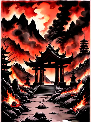 cool woodblock images,jigoku,red sun,imagawa,woodblock prints,fire background,fire land,myojin,victory gate,japanese shrine,japanese art,hiroshige,fire mountain,firestorms,forest fire,japanese background,okami,daojin,daimyos,japan landscape,Illustration,Paper based,Paper Based 30