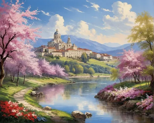 springtime background,landscape background,japanese sakura background,spring background,fantasy landscape,beautiful landscape,sakura trees,spring blossoms,fantasy picture,spring morning,spring blossom,the cherry blossoms,mountain landscape,sakura background,home landscape,mountain scene,river landscape,sakura tree,church painting,cherry blossom tree,Art,Classical Oil Painting,Classical Oil Painting 01