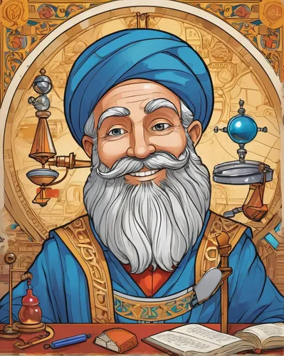 Create a cheerful cartoon featuring Euclid as a quirky inventor who builds extraordinary gadgets to solve everyday problems.,leonardo da vinci,persian poet,medicine icon,leonardo devinci,magus,archime