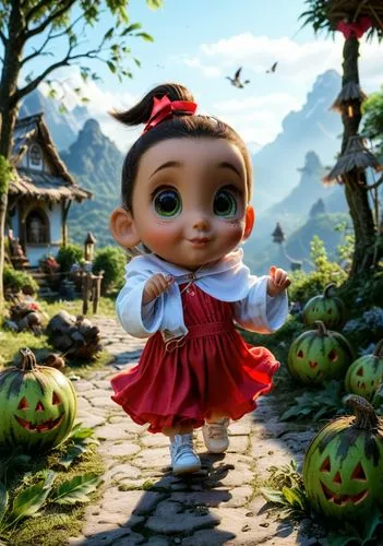 a child doll with big eyes and wearing a red dress,anabelle,annabelle,cheburashka,agnes,moana,dorthy,Photography,General,Realistic