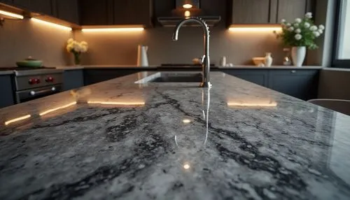 Granite countertop, luxurious kitchen interior, high-end material selection, durability and aesthetics, polished finish, speckled pattern, dark grey and white swirling, subtle shine, ambient lighting,