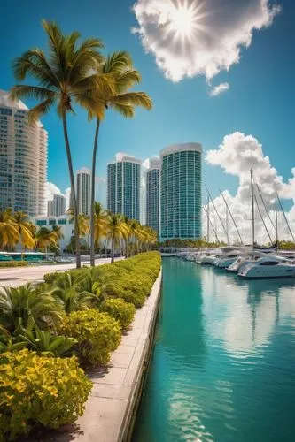 Miami coastal cityscape, modern architectural buildings, sleek glass skyscrapers, luxurious high-rise condos, palm trees lining the streets, vibrant pastel-colored Art Deco buildings, warm golden ligh