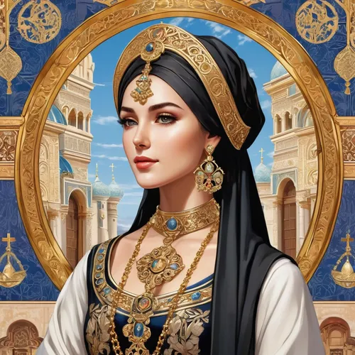 cleopatra,jaya,miss circassian,artemisia,dulzaina,sultana,radha,arabian,cepora judith,the prophet mary,assyrian,thracian,athena,samara,zoroastrian novruz,eurasian,priestess,byzantine,aladha,abaya,Illustration,Realistic Fantasy,Realistic Fantasy 43