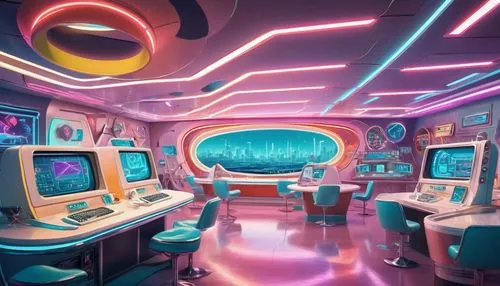 spaceship interior,ufo interior,spaceship space,spaceland,computer room,retro diner,spaceship,spaceliner,space voyage,cyberspace,scifi,spacelab,spaceport,cyberscene,game room,cyberworld,space port,80's design,futuristic,space station,Illustration,Retro,Retro 12