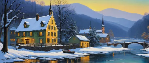 winter landscape,christmas landscape,winter village,snow landscape,snowy landscape,snow scene,alpine village,winter house,mountain village,winter background,winter morning,winter light,home landscape,winters,winter dream,mountain settlement,whistler,christmas town,winter magic,aurora village,Art,Artistic Painting,Artistic Painting 51