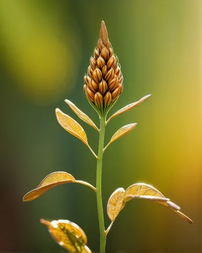 Golden seed, ornate details, intricate patterns, brown stem, delicate leaves, lush green background, warm sunlight filtering through, natural texture, realistic rendering, shallow depth of field, 3/4 