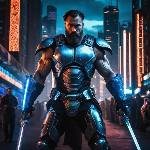 Futuristic Conan, muscular man, 30yo, rugged beard, short hair, silver armor, blue eyes, sword in hand, standing heroically, futuristic cityscape, skyscraper, neon lights, holographic advertisements, 