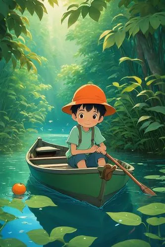 fishing float,studio ghibli,raft,perched on a log,canoeing,little boat,fishing,go fishing,yo-kai,canoe,raft guide,kayaker,underwater background,fisherman,matsuno,lilo,sailing orange,paddler,forest fish,boat,Illustration,Children,Children 01