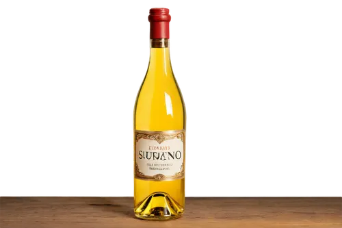 Wine bottle, transparent glass, curved shape, golden wine liquid, cork stopper, wine label, ornate font, still life, solo object, warm lighting, soft focus, shallow depth of field, wooden table, dim b