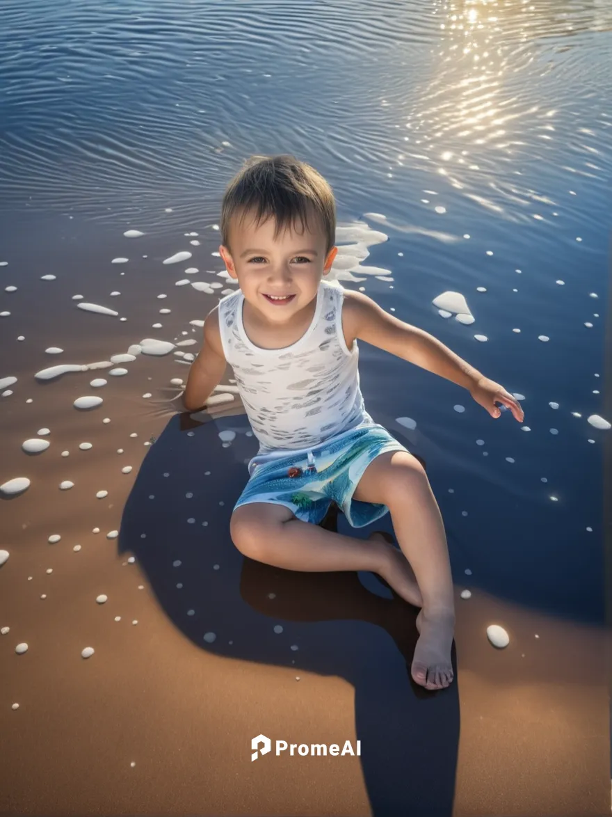 niño en el mar con arena y agua cristalina camisola blanca short playero colores celeste con blanco,playing in the sand,photographing children,digital compositing,image editing,baby float,image manipu